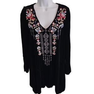 Johnny Was Embroidered Black Velvet Tunic Dress Oversized XS